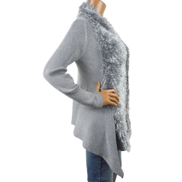 LAUREN MICHELE Top L Cardigan Sweater Silver Gray Metallic Faux Fur Stretch Knit - Picture 7 of 11